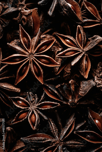 Anise star spice close up background. Fragrant asian spices. Top view.