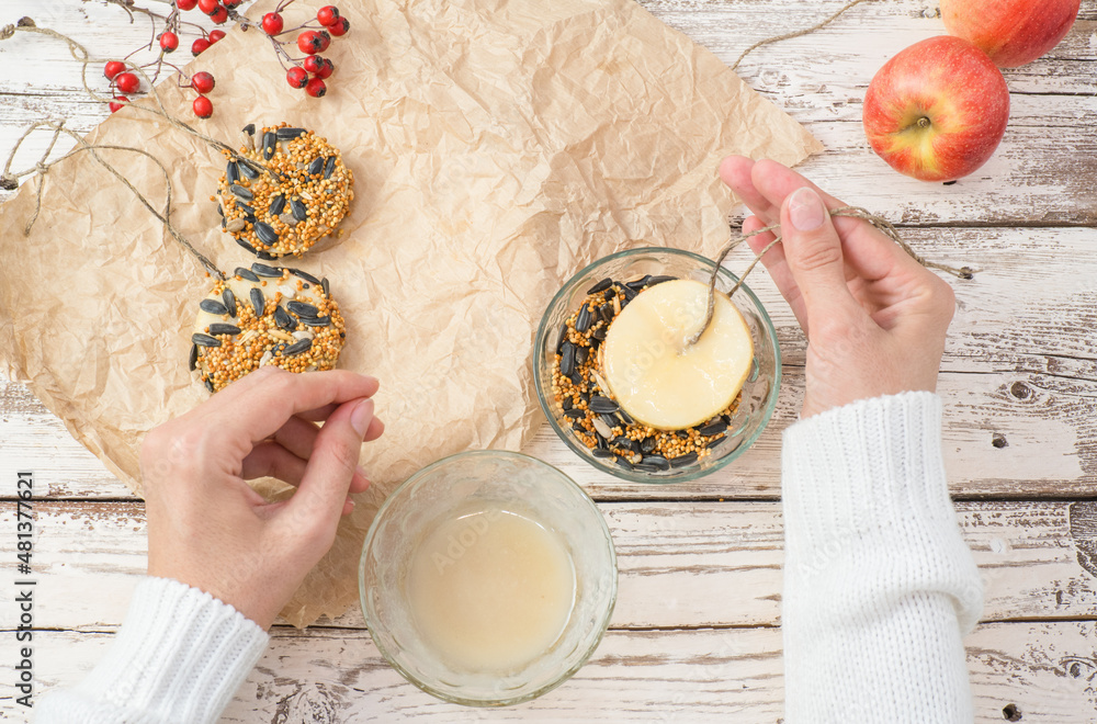 The woman's hands make food for wild birds from apple, bacon and seeds. Winter bird feeder on a white wooden background. View from above.