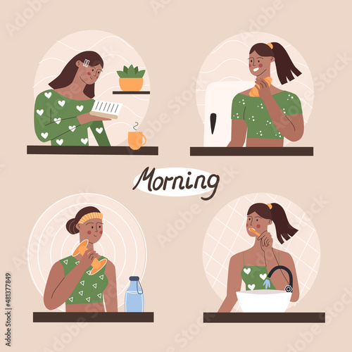 Morning routine. A woman is reading a book. The woman is having breakfast. The woman goes in for sports. Woman brushes her teeth. Vector illustration in cartoon style.