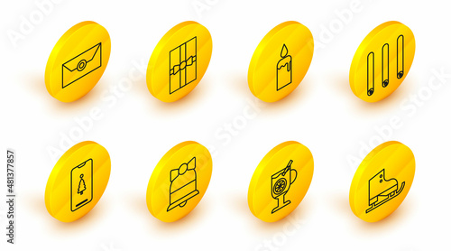 Set line Figure skates, Merry Christmas ringing bell, Smartphone gift box, Three rolled sticks cinnamon, Burning candle candlestick, Gift and Envelope christmas party invitation card icon. Vector