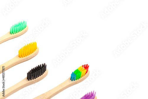 Set made of bamboo toothbrushes isolated on white background. Plastic free.