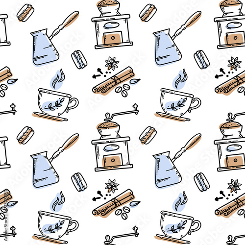 Vector hand drawn sketch style coffee seamless pattern. Cups of coffee, spices and coffee beans, macaroons, cezve, coffee grinder. Vector illustration