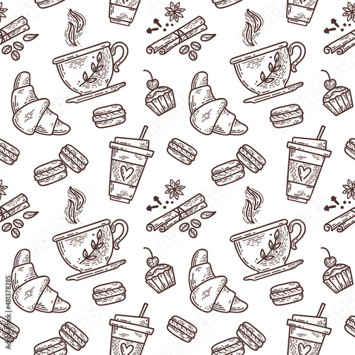 Vector hand drawn sketch style tea or coffee seamless pattern. Cups of tea or coffee, spices and coffee beans, , macaroons, cake, croissants. Vector illustration
