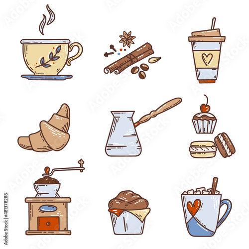 Hand drawn coloured coffee set. Vector sketch illustration set with cup, cezve, spices, coffee grinder, croissant and other desserts. Menu design for cafe and restaurant
