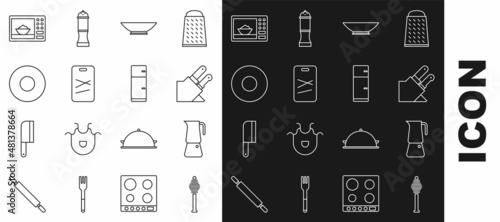 Set line Honey dipper stick, Moka pot, Knife, Bowl, Cutting board, Plate, Microwave oven and Refrigerator icon. Vector