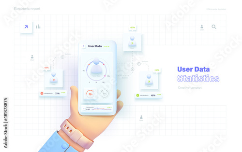 Classification of user data. The hand holds the phone. Mobile application for data analysis and accounting. File management. Sharing. Electronic report. Vector illustration in 3d style