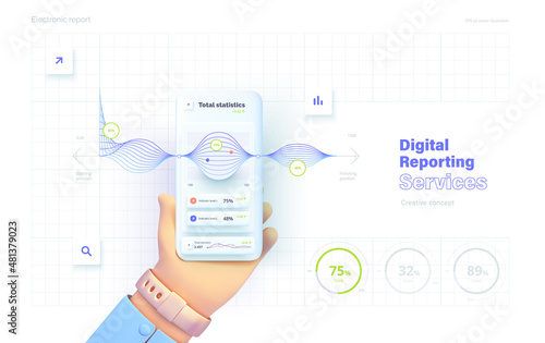 Growth indicators. The hand holds the phone. Mobile application for data analysis and accounting. File management. Electronic report. Vector illustration in 3d style