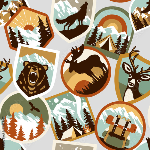 Seamless vector pattern with vintage patches on light grey background. Perfect for textile, wallpaper or print design. 