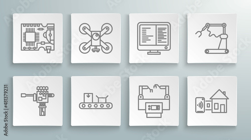 Set line Mechanical robot hand and screwdriver, Assembly line, Smart home, Computer monitor screen, Industrial machine robotic arm factory and Printed circuit PCB icon. Vector
