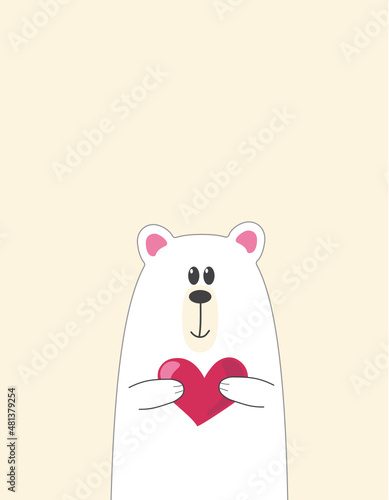 Happy Valentine s Day card  cartoon white bear with red heart