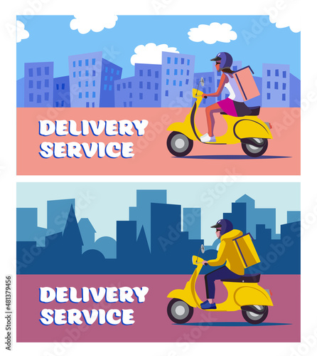 Set of two banners of delivery service with a courier on motobike and urban landscape in the background 