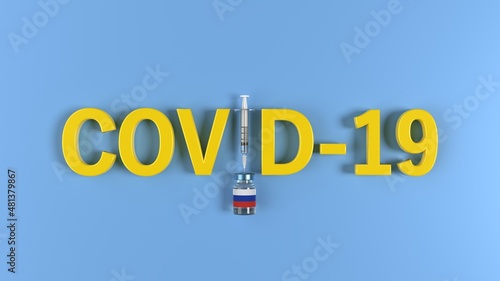 Russian flag on Coronavirus Covid-19 vaccine bottle. Syringe is creating letter I on blue background. Covid-19 vaccination, flu prevention, immunization concept. High quality 3D rendering.