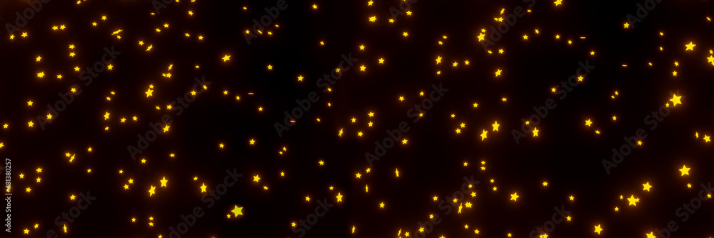3D Render of many small yellow orange particles flying on black festive background. Trendy backdrop for your design. Banner, three-dimensional illustration 3D Render of many small yellow orange particles flying on black festive background. Trendy backdrop for your design. Banner, three-dimensional illustration