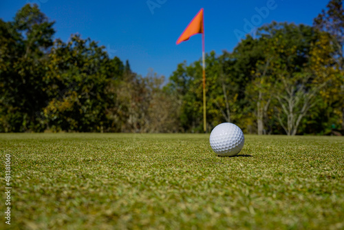 White Golf ball on green course to be shot on beautiful landscape of golf course