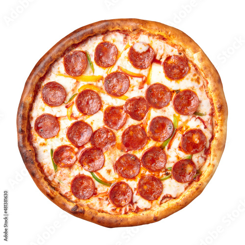 Isolated italian pepperoni pizza with salami on white background