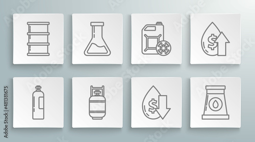 Set line Industrial gas cylinder tank, Test tube and flask, Propane, Drop crude oil price, Oil industrial factory building, Antifreeze canister, increase and Barrel icon. Vector