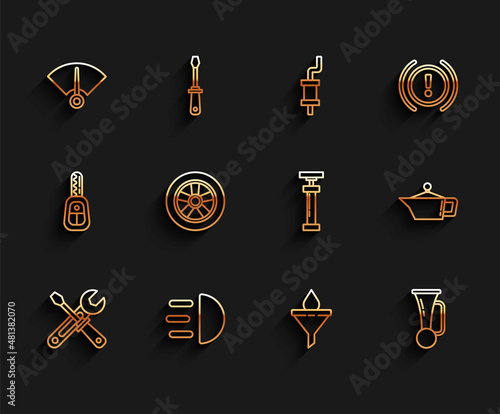 Set line Screwdriver and wrench tools, High beam, Speedometer, Funnel or filter motor oil drop, Signal horn on vehicle, Car wheel, Canister for machine and icon. Vector
