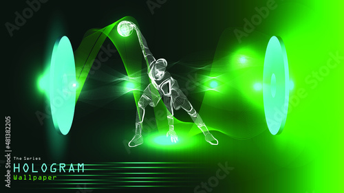 The series of hologram poster wallpaper. Action figure of a basketball player on light projection.