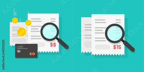 Receipt bill expenses check via magnifier glass or payment order cost audit review flat cartoon icon, concept of invoice pay verify or financial money cash spent analysis