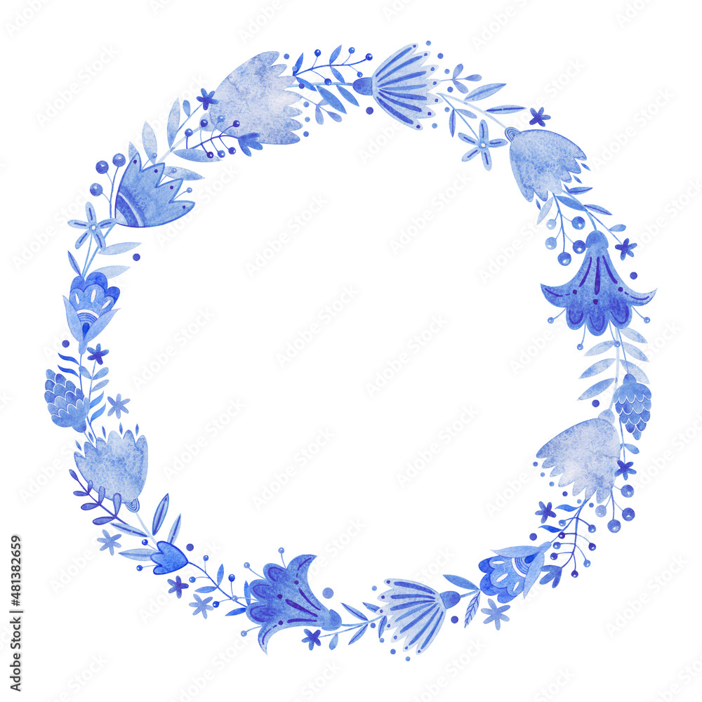 Watercolor frame with blue flowers, berries, branches, leaves and much more. Perfect for decorating tableware, stickers, scrapbooking, invitations, logo and more Watercolor frame with blue flowers, berries, branches, leaves and much more. Perfect for decorating tableware, stickers, scrapbooking, invitations, logo and more