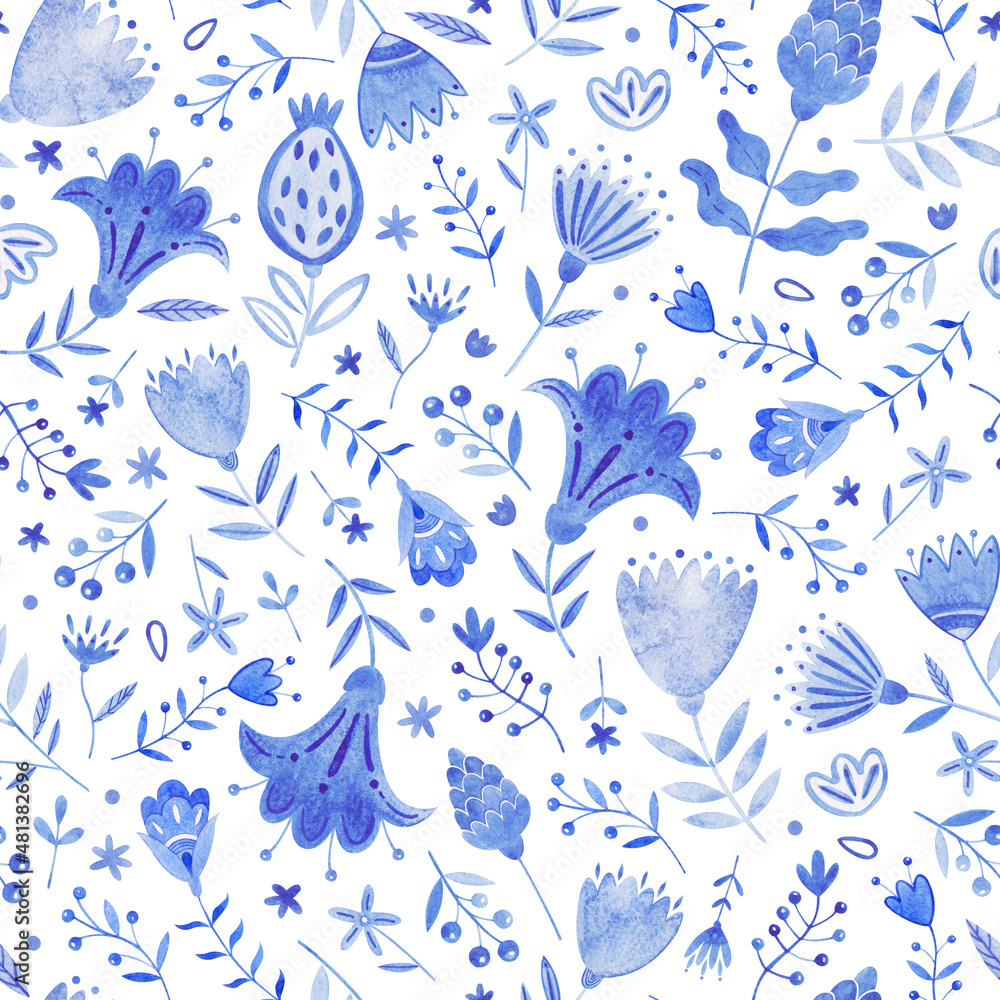 Obraz premium Seamless blue floral watercolor texture pattern. The pattern can be used for wallpaper, filling patterns, surface textures