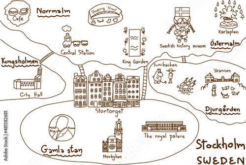 Stockholm Sweden travel map line with landmarks in Gamla stan, Ostermalm, Norrmalm, Kungsholmen. Hand drawn flat cartoon vector illustration isolated on white background