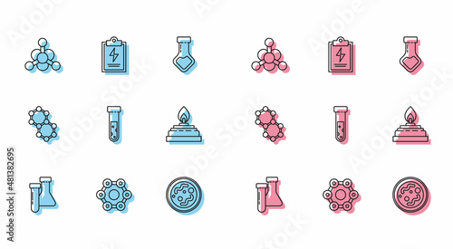 Set line Test tube and flask chemical, Chemical formula, Bacteria, Alcohol spirit burner, Molecule and Laboratory clipboard with checklist icon. Vector