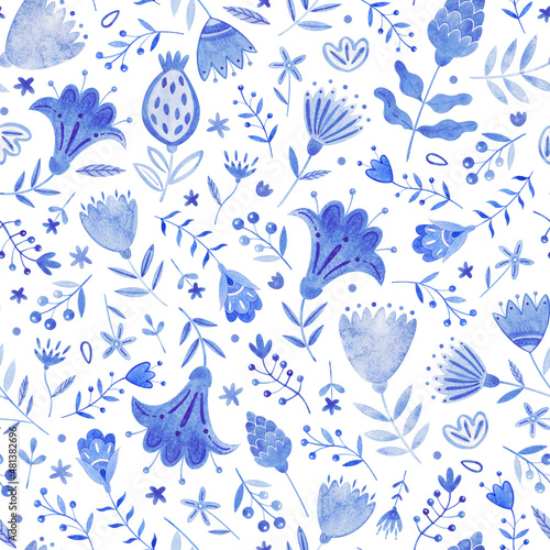 Seamless blue floral watercolor texture pattern. The pattern can be used for wallpaper  filling patterns  surface textures