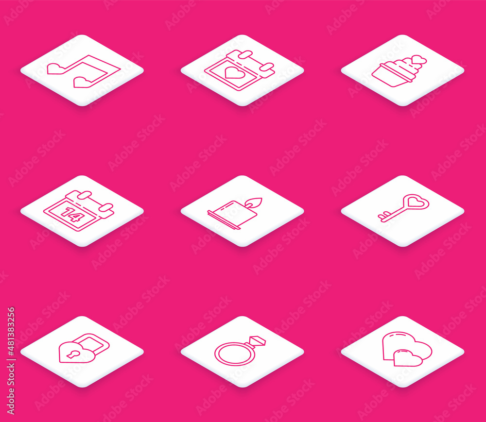 Set line Music note, tone with hearts, Calendar, February 14, Burning candle, Key shape, Castle the of and Wedding rings icon. Vector Set line Music note, tone with hearts, Calendar, February 14, Burning candle, Key shape, Castle the of and Wedding rings icon. Vector