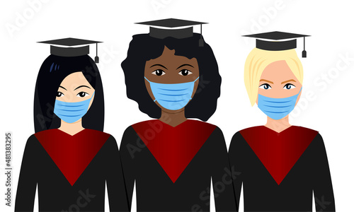 Students of different races. Graduation and study at college and university. Vector