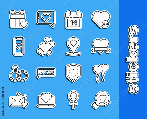 Set line Heart on hand, Balloons in form of heart, ribbon, Calendar with February 14, Mobile phone, Gift box and Map pointer icon. Vector