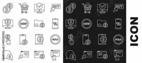 Set line Online shopping on screen, Sold label, Percent discount and mobile, Computer monitor, Price tag with New, dollar, Cryptocurrency coin Bitcoin and Envelope icon. Vector