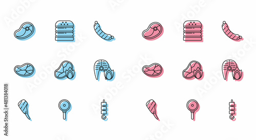 Set line Rib eye steak, Frying pan, Steak meat, Grilled shish kebab on skewer stick, and fire flame, fish, and Burger icon. Vector