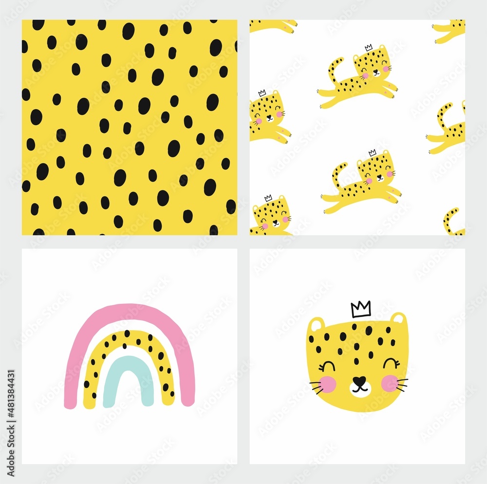 Cute cartoon leopard. Hand drawn vector summer print with leopard, abstract elements and leaf seamless pattern