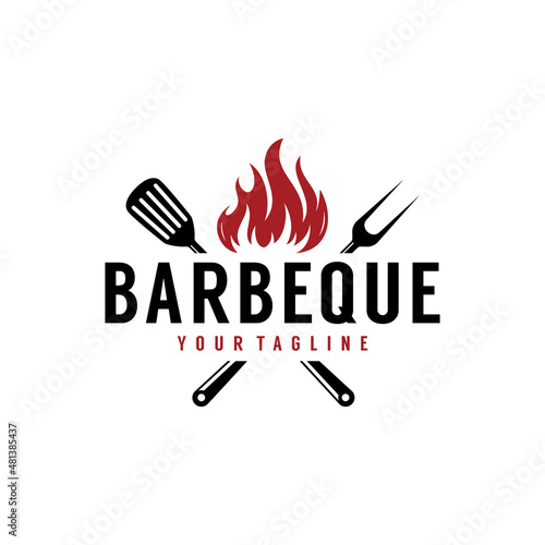 Barbeque, bbq, grill logo with spatula and fire icon design template