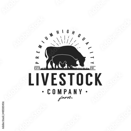 Vintage Livestock logo Cattle Angus Beef Cow Chicken Pork Emblem Label design template