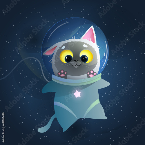 Space cat in watercolor style on blue cosmos and stars background. Funny and cute cat astronaut, baby animal for kids in outer space, pet adventure greeting card design. Kitten in cosmos vector.