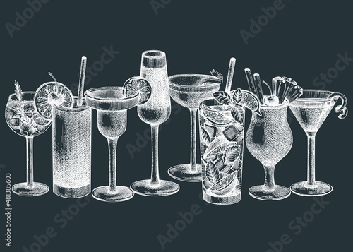 Hand-sketched cocktail illustration Vector sketches of alcoholic drinks in elegant glasses. Popular alcohol cocktails vintage hand-drawing. Perfect banner design for bar or restaurant menu