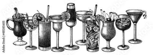 Vintage design with hand-sketched cocktail glasses. Vector sketches of alcoholic drinks. Popular alcohol cocktails and beverages hand-drawings. Perfect for bar or restaurant menu and banners