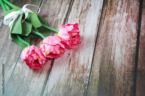 pink tulips on wooden background