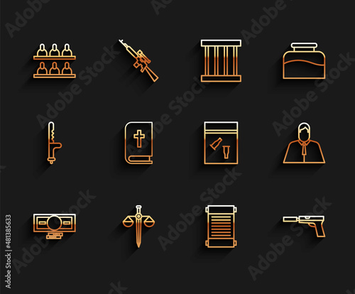 Set line Stacks paper money cash, Jurors, Decree, paper, parchment, scroll, Pistol gun with silencer, Holy bible book, Lawyer, attorney, jurist and Evidence bag and bullet icon. Vector