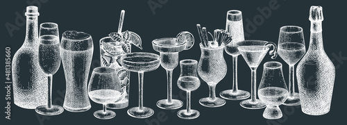 Bar banner or menu design with hand-sketched glasses and bottles. Vector sketches of alcoholic drinks and cocktails. Popular alcohol beverages hand-drawings on chalkboard