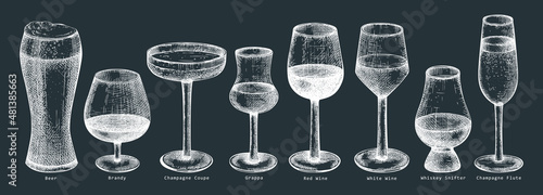 Hand-sketched alcoholic drinks illustrations set. Vector sketch of bar beverages in elegant glasses on chalkboard. Vintage drawing of popular alcohol drinks for pub, bar or restaurant menu design