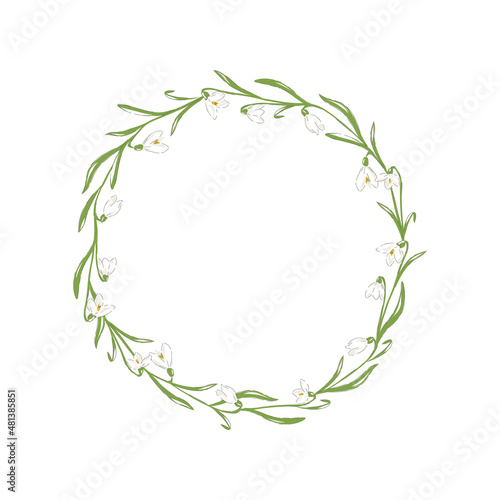 Snowdrops hand drawn flower wreath vector illustration isolated on white. Vintage Romantic spring floral round frame. Botanical floral arrangement for wedding invitation, Birthday, Easter design