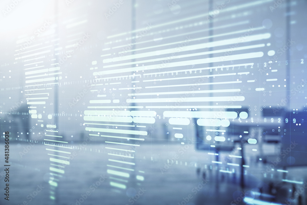 Multi exposure of abstract creative digital world map hologram on a modern meeting room background, research and analytics concept Multi exposure of abstract creative digital world map hologram on a modern meeting room background, research and analytics concept