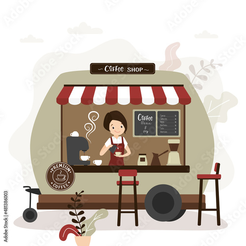 Girl works as barista in food truck. Worker prepares hot drinks for takeaway customers