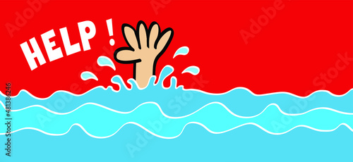 Cartoon people, man or woman and his hand drowning, needing help. Drowning victims. Failure and rescue concept. Verctor sea, water symbol or icon. In case of emergency, sos call.