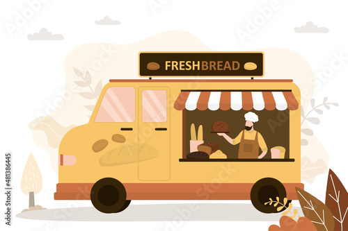 Man in van sells baked goods. Food truck with seller. Bakery with assortments of different types of bread