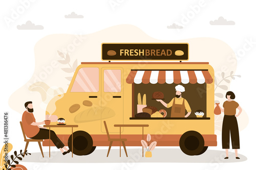 People buy fresh baked goods in street cafe. Man ordered mug of tea and dessert at food truck