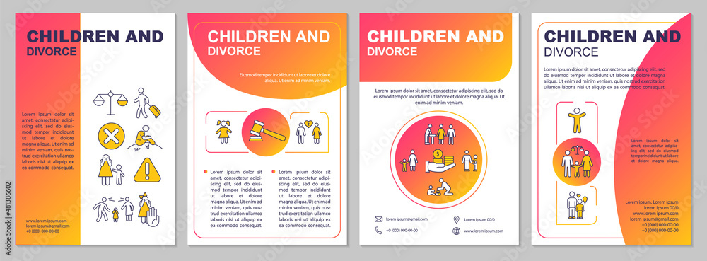 Naklejka premium Children and divorce red gradient brochure template. Kids care. Booklet print design with linear icons. Vector layouts for presentation, annual reports, ads. Arial, Myriad Pro-Regular fonts used